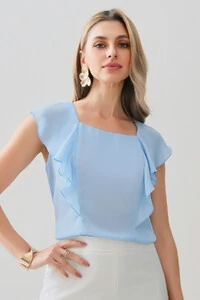 Regata Decote Quadrado Recortes Babado Laço Costas