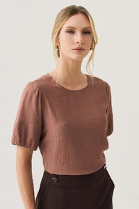 Blusa de Textura Listrada Manga Balonê