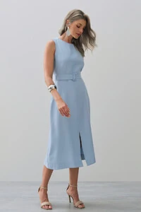 Vestido Midi Regata de Alfaiataria Recortes Cinto Fivela Forrada Fenda Frontal