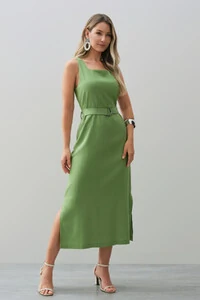 Vestido Midi Regata de Linho Decote Quadrado Fendas Laterais Cinto Fivela