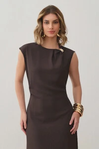 Vestido Midi Regata Assimétrica Decote Pregas Gold