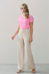 Calça Reta de Linho Prega Laço Lateral