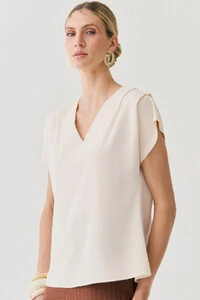 Blusa Manga Morcego Decote V Ombro Pregas Double