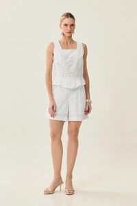 Conjunto de Laise de Algodão de Blusa regata Crop Decote Quadrado Babado e Shorts Pregas Double