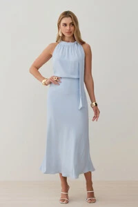 Conjunto de Blusa Regata Frente Única Laço e Saia Midi Evasê
