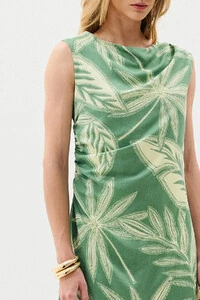 Vestido Midi Regata Assimétrico Drapeado Folhagem Ombro Lateral Franzidos