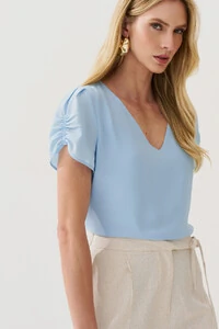 Blusa Manga Franzida Elástico Decote V