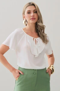 Blusa Manga Raglan Decote Babado Laço
