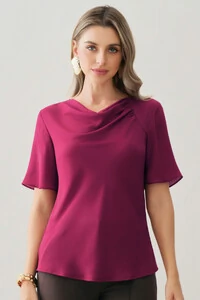 Blusa Assimétrica Manga Evasê Decote Drapeado Ombro Recorte Franzidos