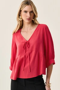 Blusa Manga 3/4 Punho Decote V Laço Recorte Busto