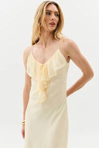 Vestido Longo de Alcinha de Chiffon Yoryu Decote V Babado Laço