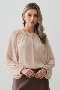 Blusa Assimétrica de Chiffon Yoryu Manga Longa Raglan Ampla Elástico Decote Franzido