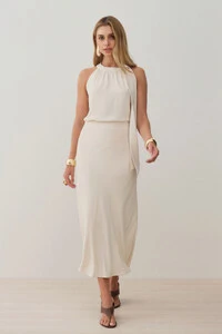 Conjunto de Blusa Regata Frente Única Laço e Saia Midi Evasê