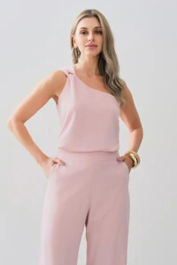 Conjunto de Blusa Regata Assimétrica Um Ombro Só Torcido e Calça Reta