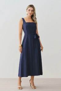 Vestido Midi de Alça Larga de Alfaitaria Decote Quadrado Recortes Cinto