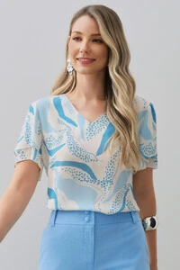 Blusa Folhagem Manga Dupla Decote V