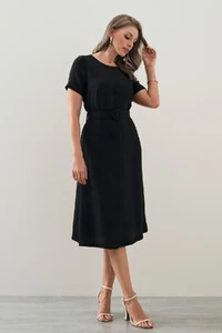 Vestido Midi Cinto Fivela Forrada