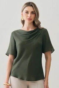 Blusa Assimétrica Manga Evasê Decote Drapeado Ombro Recorte Franzidos