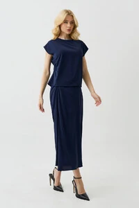 Conjunto Assimétrico de Blusa Manga Morcego Pregas Drapeada Saia Midi Evasê Drapeada