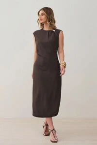 Vestido Midi Regata Assimétrica Decote Pregas Gold