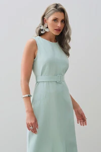 Vestido Midi Regata de Alfaiataria Recortes Cinto Fivela Forrada Fenda Frontal