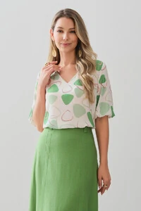 Blusa Abstrata Triângulo Manga 3/4 Elástico Decote V