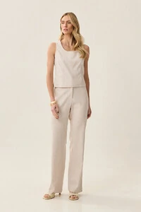 Conjunto de Linho de Blusa Regata Crop Recortes e Calça Reta Botão Forrado