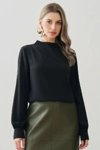 Blusa Assimétrica Manga Longa Punho Double Gola Careca Baixa Ombro Direito Pregas Double