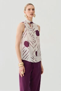 Regata Abstrata Gola Baixa Laço Decote V Ombro Prega