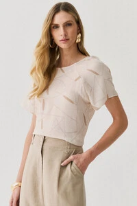 Blusa Abstrata Manga Raglan Ombro Prega