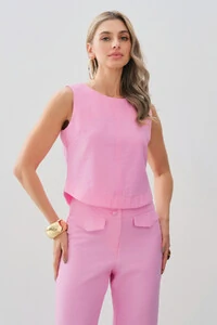 Conjunto de Alfaiataria de Blusa Regata Crop Recorte Calça Reta Aba Botões Forrados Double