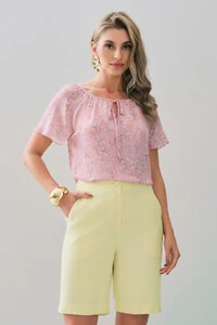 Blusa Floral Manga Raglan Decote Laço