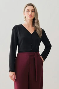 Camisa Manga Longa Punho Decote V Ombro Aba Mini Botões