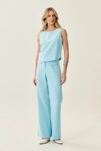 Conjunto de Alfaiataria de Blusa Regata Crop Recorte Calça Reta Aba Botões Forrados Double