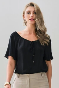 Blusa Manga Raglan Decote Canoa Laço Puxante Ponteira Gold