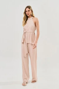 Conjunto de Blusa Regata Frente Única Faixa e Pantalona Nervura