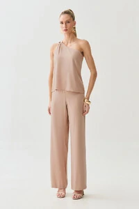 Conjunto de Blusa Regata Assimétrica Um Ombro Só Torcido e Calça Reta