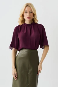 Blusa Manga Evasê Gola Baixa Pregas Triple Franzido