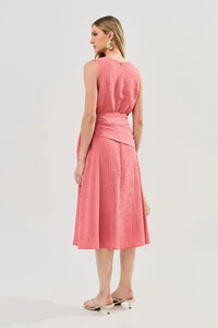 Vestido Midi Regata de Textrua Listrada Cintura Faixa Franzida