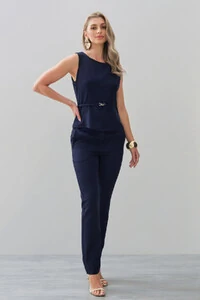 Conjunto de Alfaiataria de Blusa Regata Recorte Cinto Gold e Calça Reta