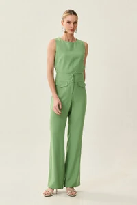 Conjunto de Alfaiataria de Blusa Regata Crop Recorte Calça Reta Aba Botões Forrados Double