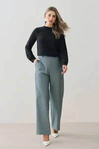 Calça Reta de Alfaiataria Cintura Elástico Botões Forrados Double