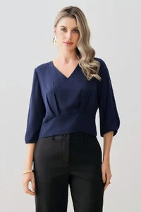 Blusa Crop Manga 3/4 Decote V Cintura Pregas Double