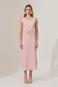 Vestido Midi Regata de Linho Decote Quadrado Fendas Laterais Cinto Fivela