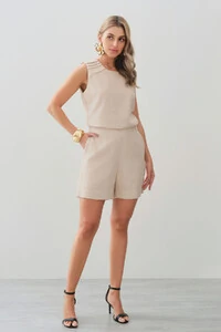 Conjunto de Linho de Blusa Regata Ombro Pregas e Shorts