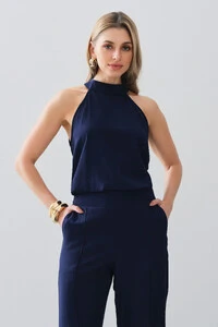 Conjunto de Blusa Regata Frente Única Faixa e Pantalona Nervura