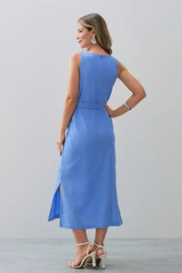 Vestido Midi Regata de Linho Decote Quadrado Fendas Laterais Cinto Fivela