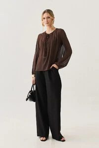 Blusa de Chiffon Yoryu Manga Longa Decote Gota Laço