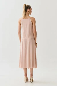 Conjunto de Blusa de Alcinha Assimétrica Decote V Lateral Pregas e Saia Midi Godê