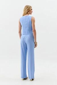 Conjunto de Blusa Regata Crop Ombro Cut Out Recorte e Calça Reta Botão Forrado